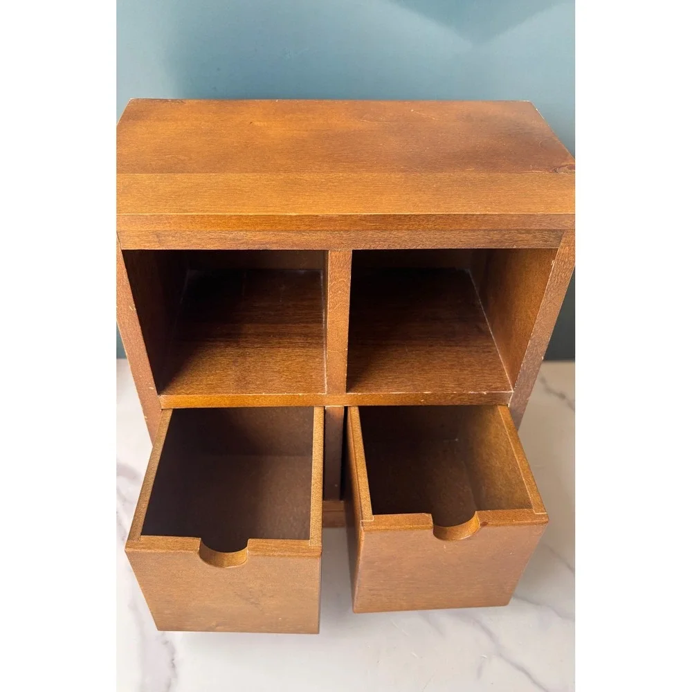 Wooden Desktop Organizer 2 Cubby 2 Drawer Brown Wood Storage Chest